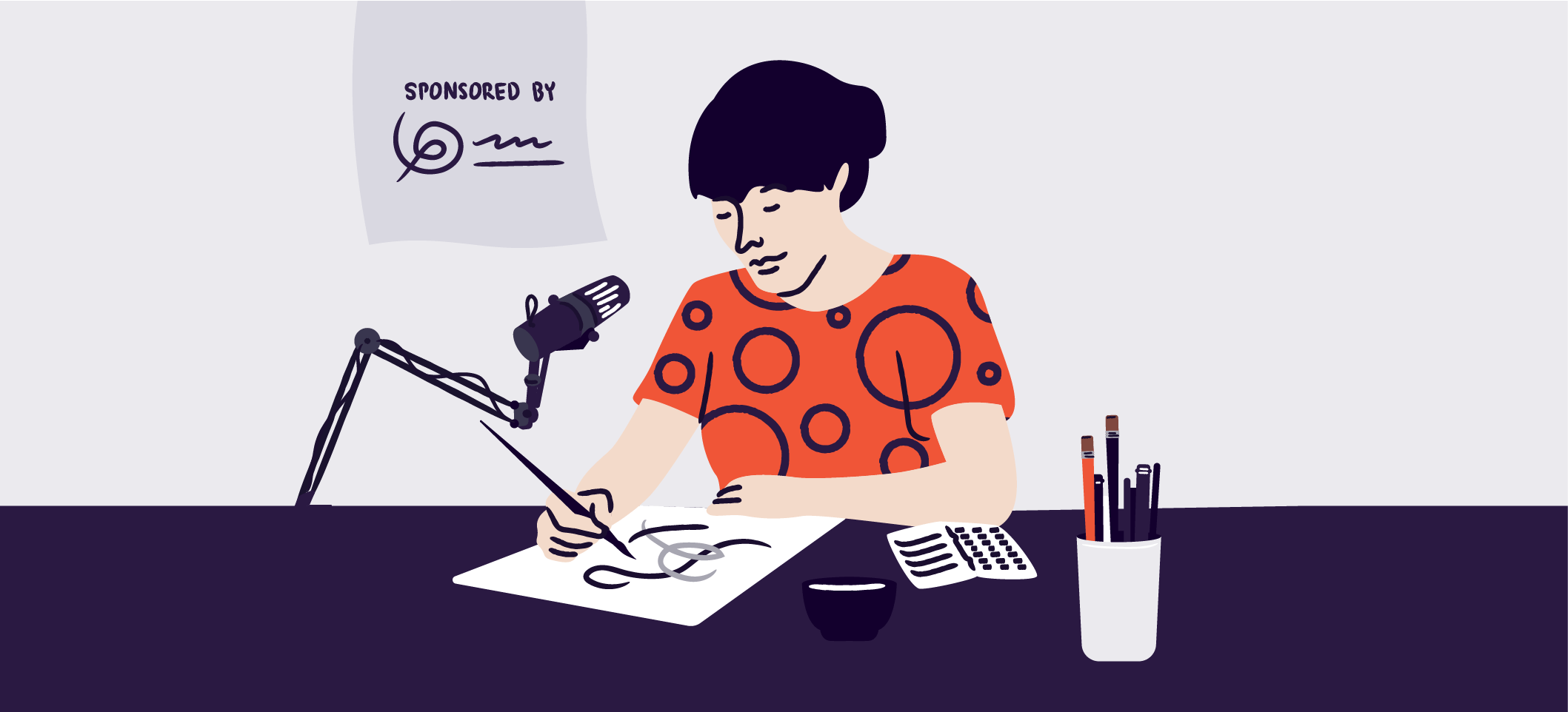 A drawing of a woman giving a sponsored art webinar.